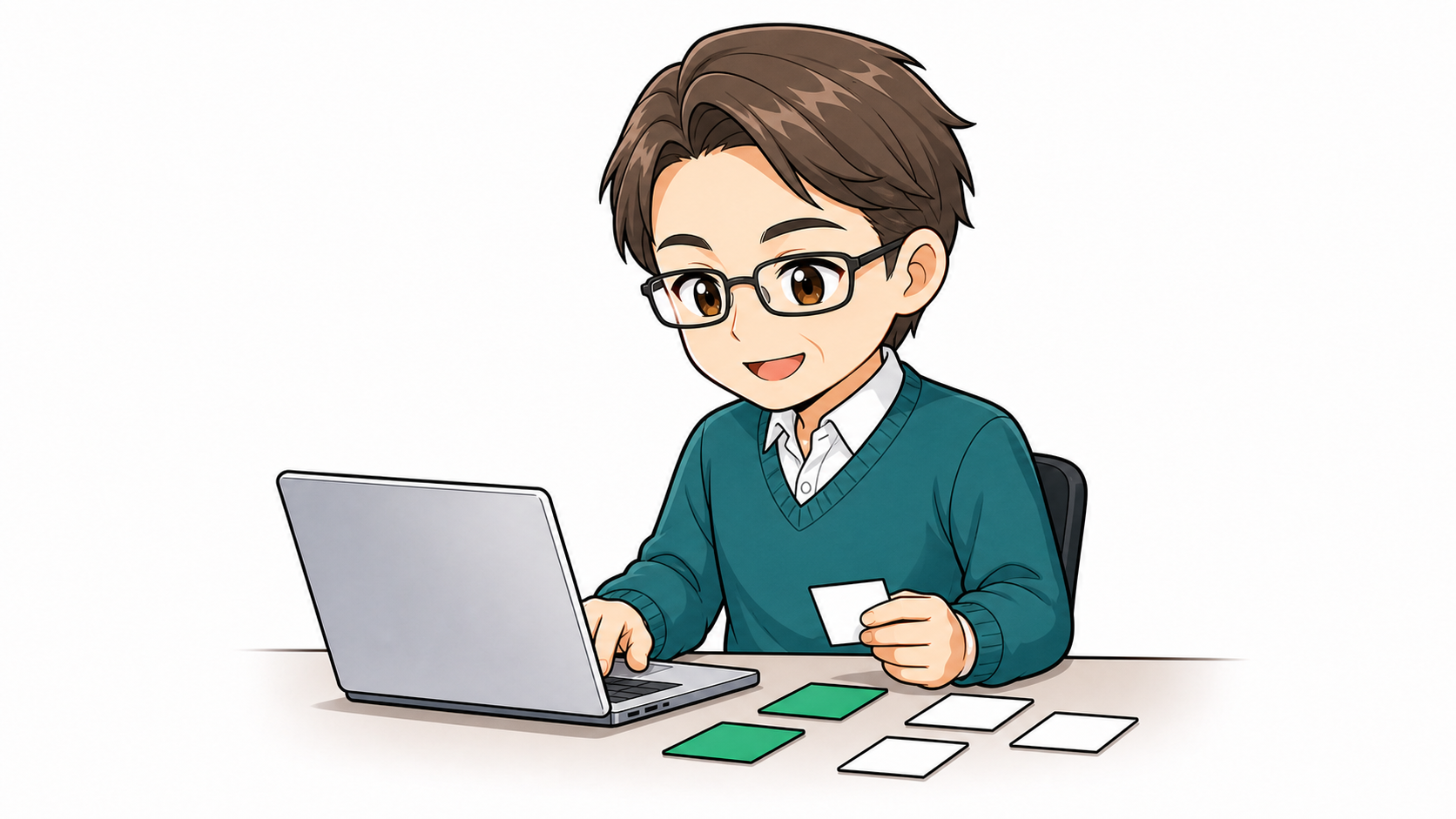 カードを整理する教室の先生のイラスト